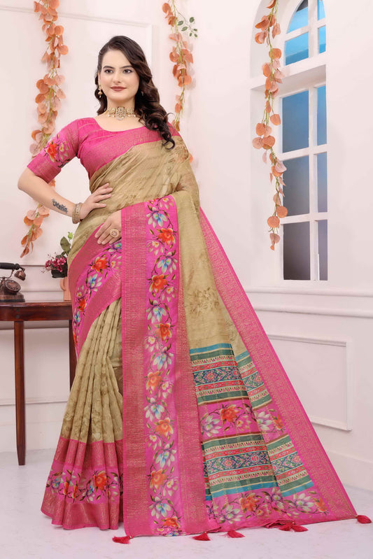 Kayatri New Soft c silk saree with zari lining body n bentex weave border embellished with digital printed saree