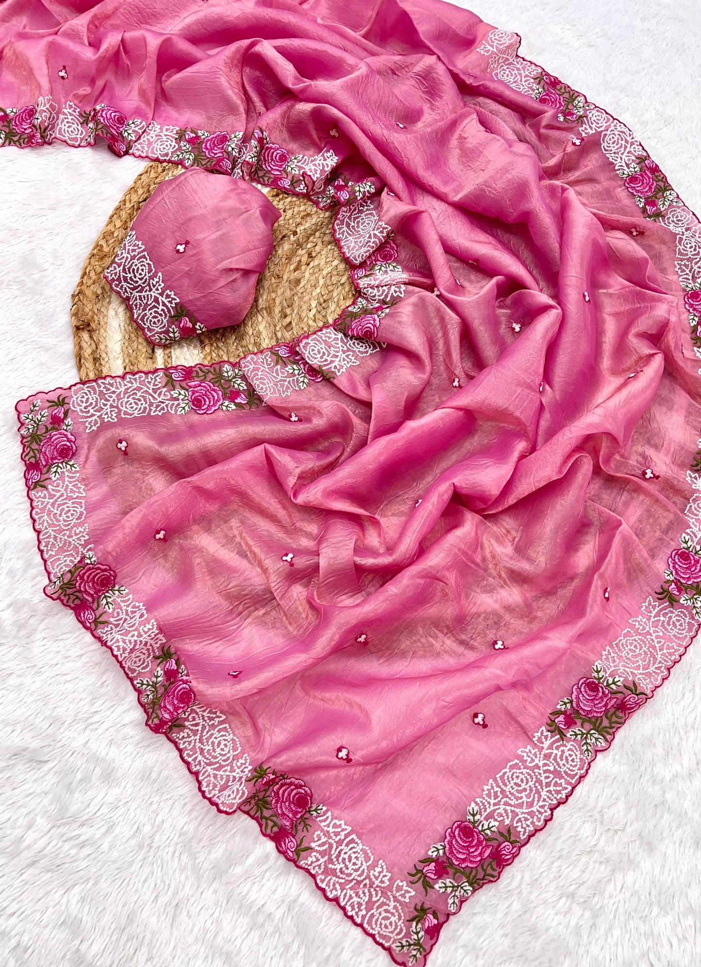 Kayatri New Pure gold crush beautiful designer Rose Flower thread work  saree