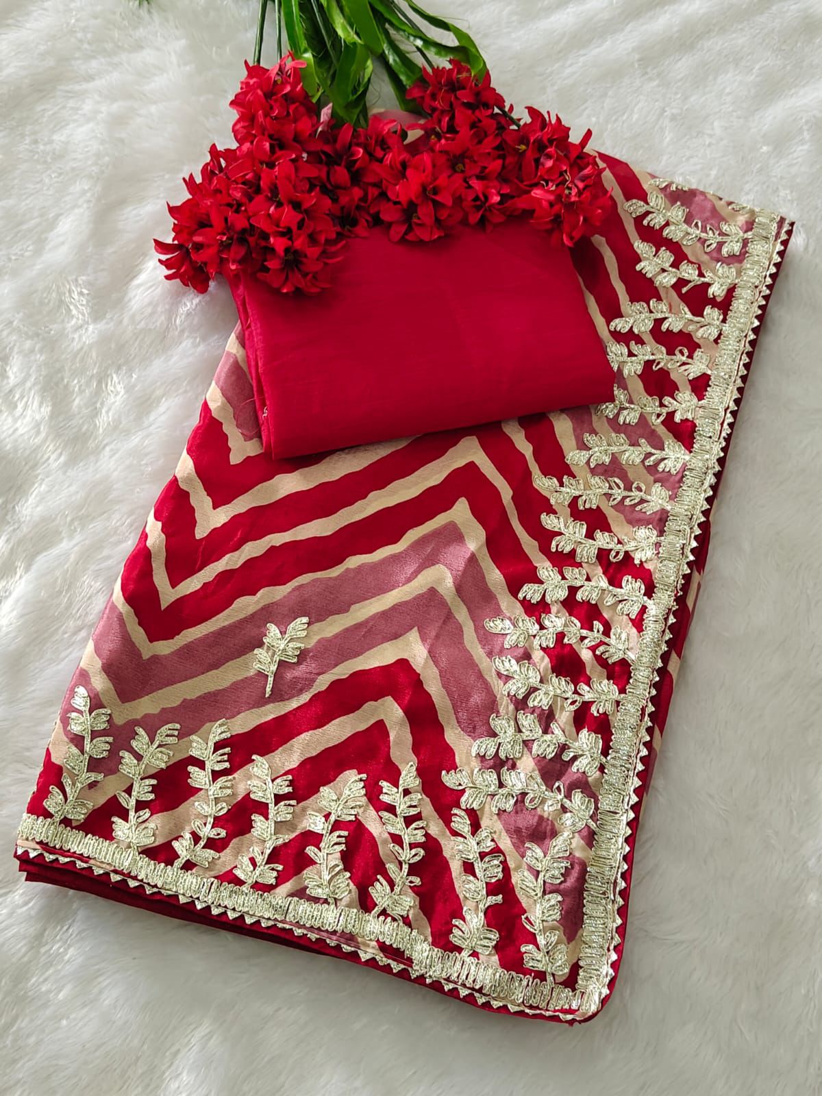 Kayatri New Chinon lehriya print designer Riban work saree