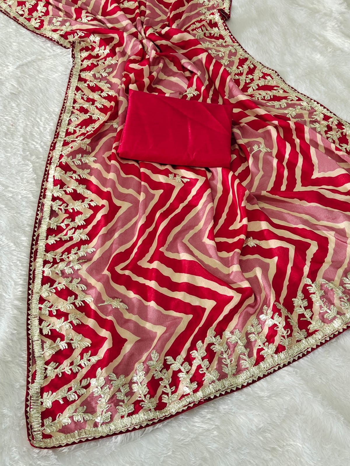 Kayatri New Chinon lehriya print designer Riban work saree