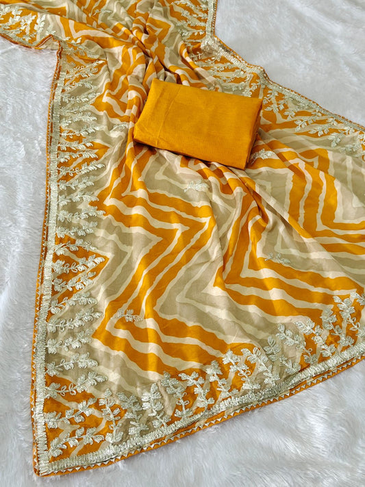 Kayatri New Chinon lehriya print designer Riban work saree