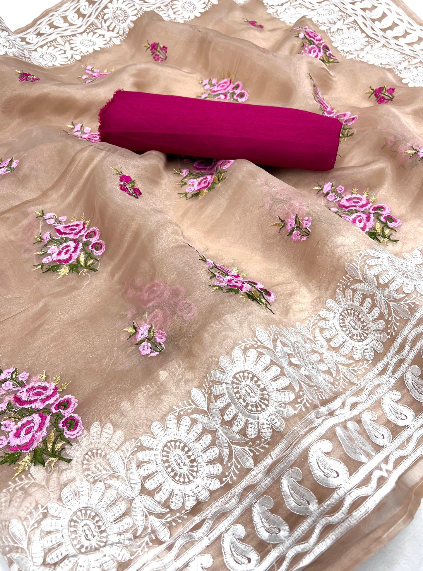 Kayatri New Soft Orgenza Saree with  C pallu Beautiful Embroidery Work All Over Saree