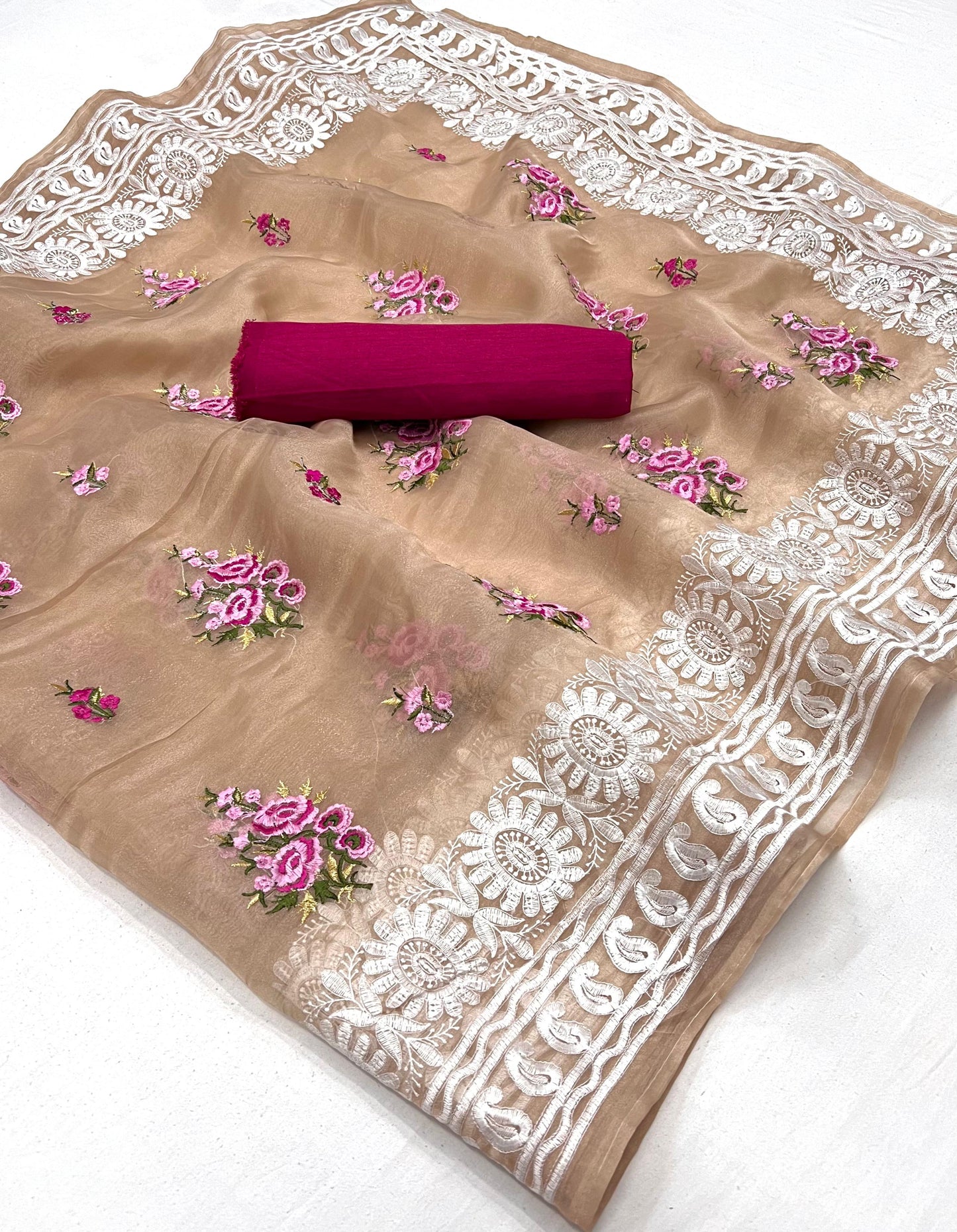 Kayatri New Soft Orgenza Saree with  C pallu Beautiful Embroidery Work All Over Saree
