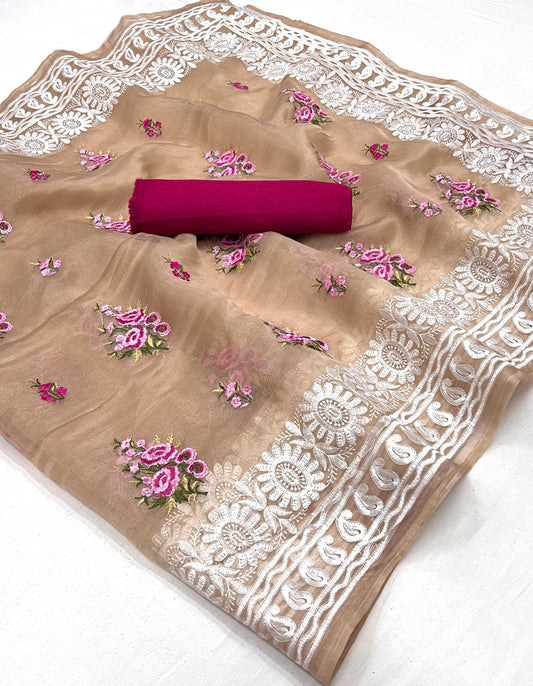 Kayatri New Soft Orgenza Saree with  C pallu Beautiful Embroidery Work All Over Saree