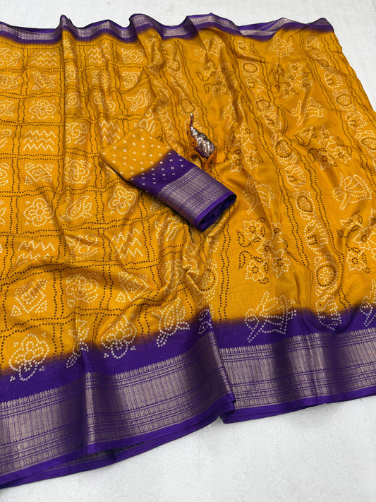 Kayatri New Light weight Dola CHEX  sarees with all-over BANDHANI PRINTS  JACQUARD WEAVING BORDER SAREE