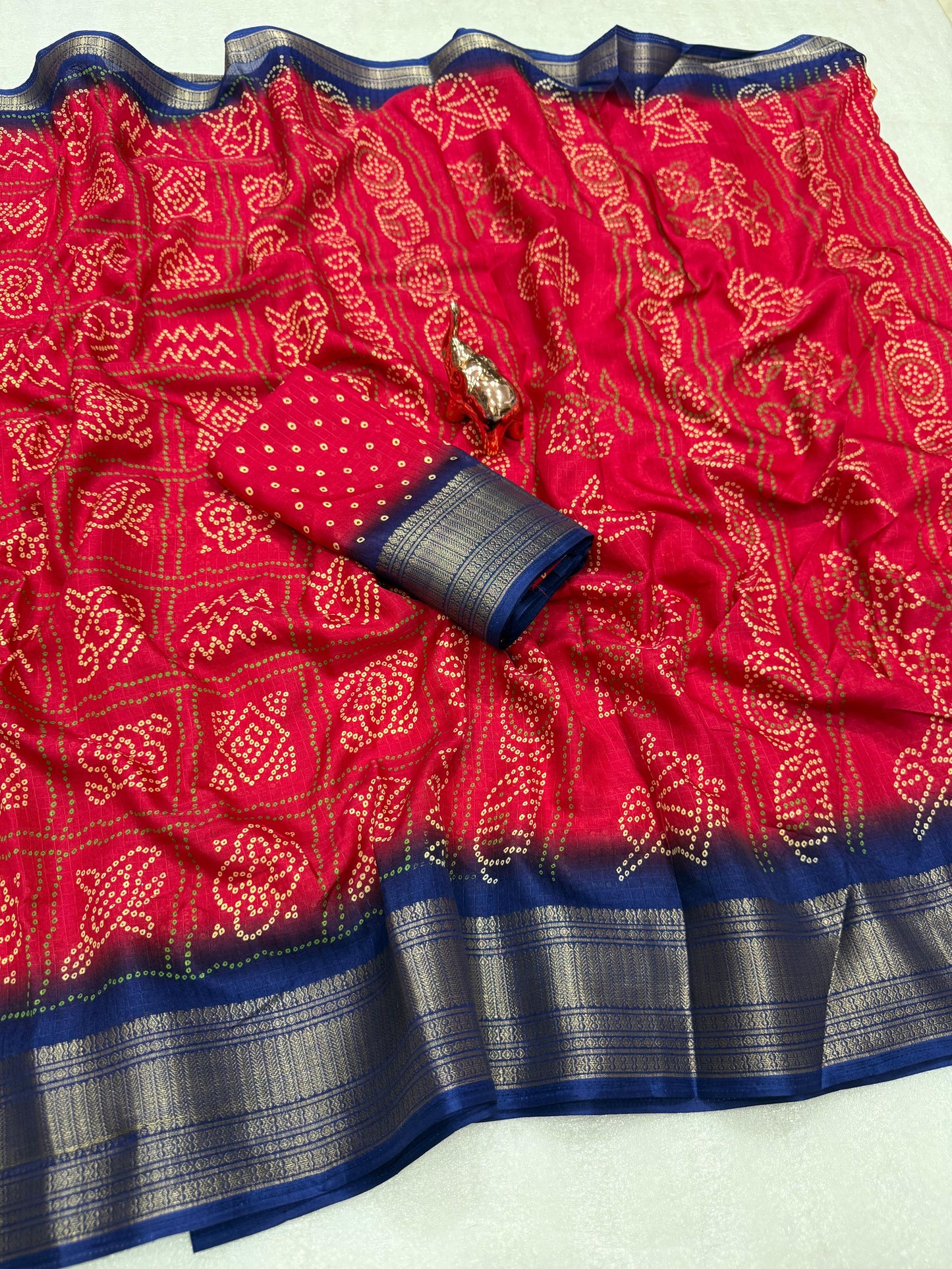 Kayatri New Light weight Dola CHEX  sarees with all-over BANDHANI PRINTS  JACQUARD WEAVING BORDER SAREE