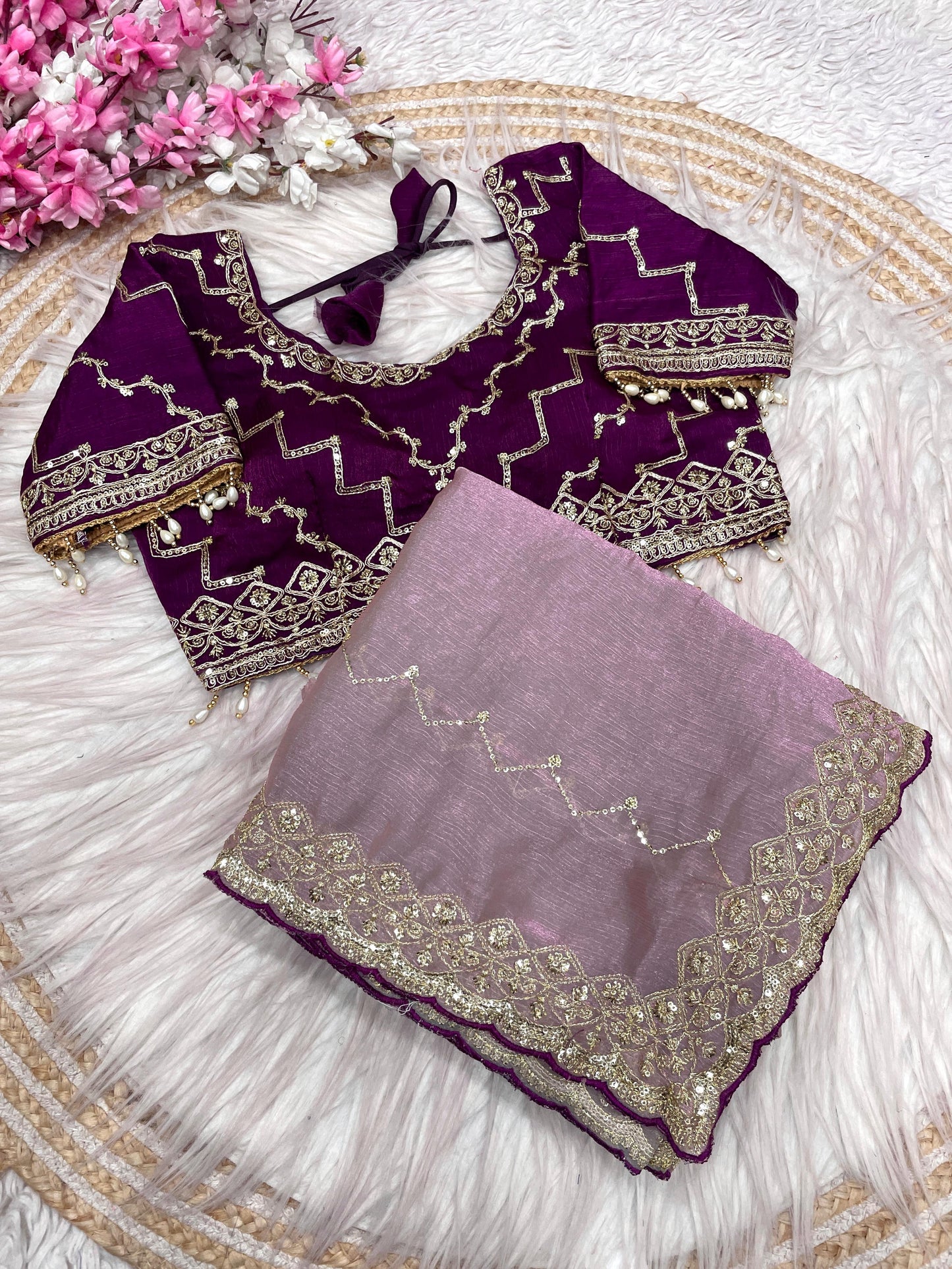 Kayatri New  Fendy Chiffon two ton  fully stitched Coding  sequence embroidery blouse with Moti lace touch saree