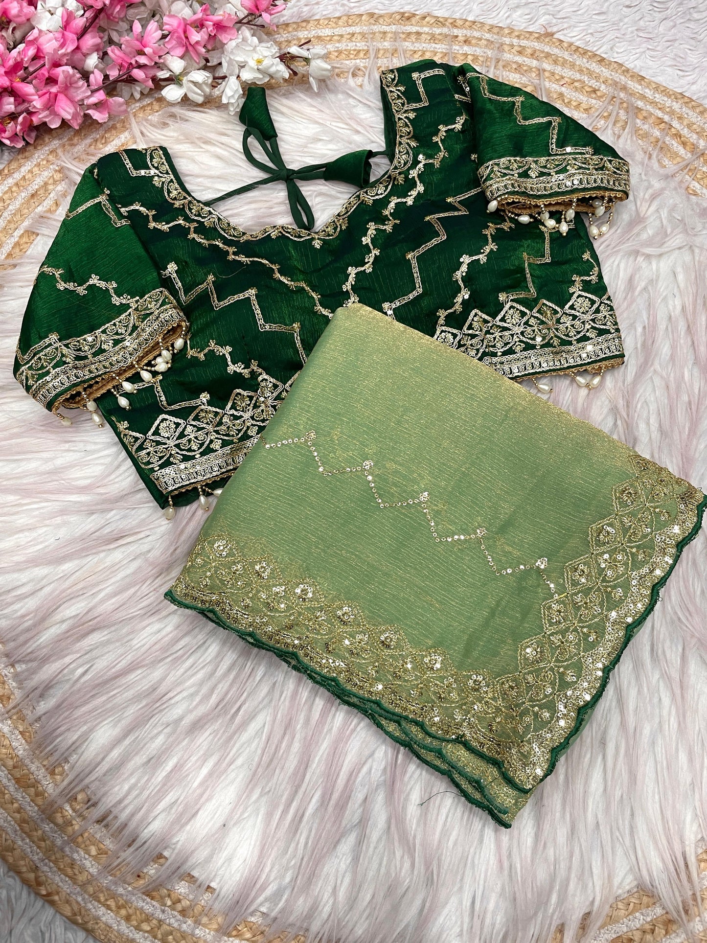 Kayatri New  Fendy Chiffon two ton  fully stitched Coding  sequence embroidery blouse with Moti lace touch saree
