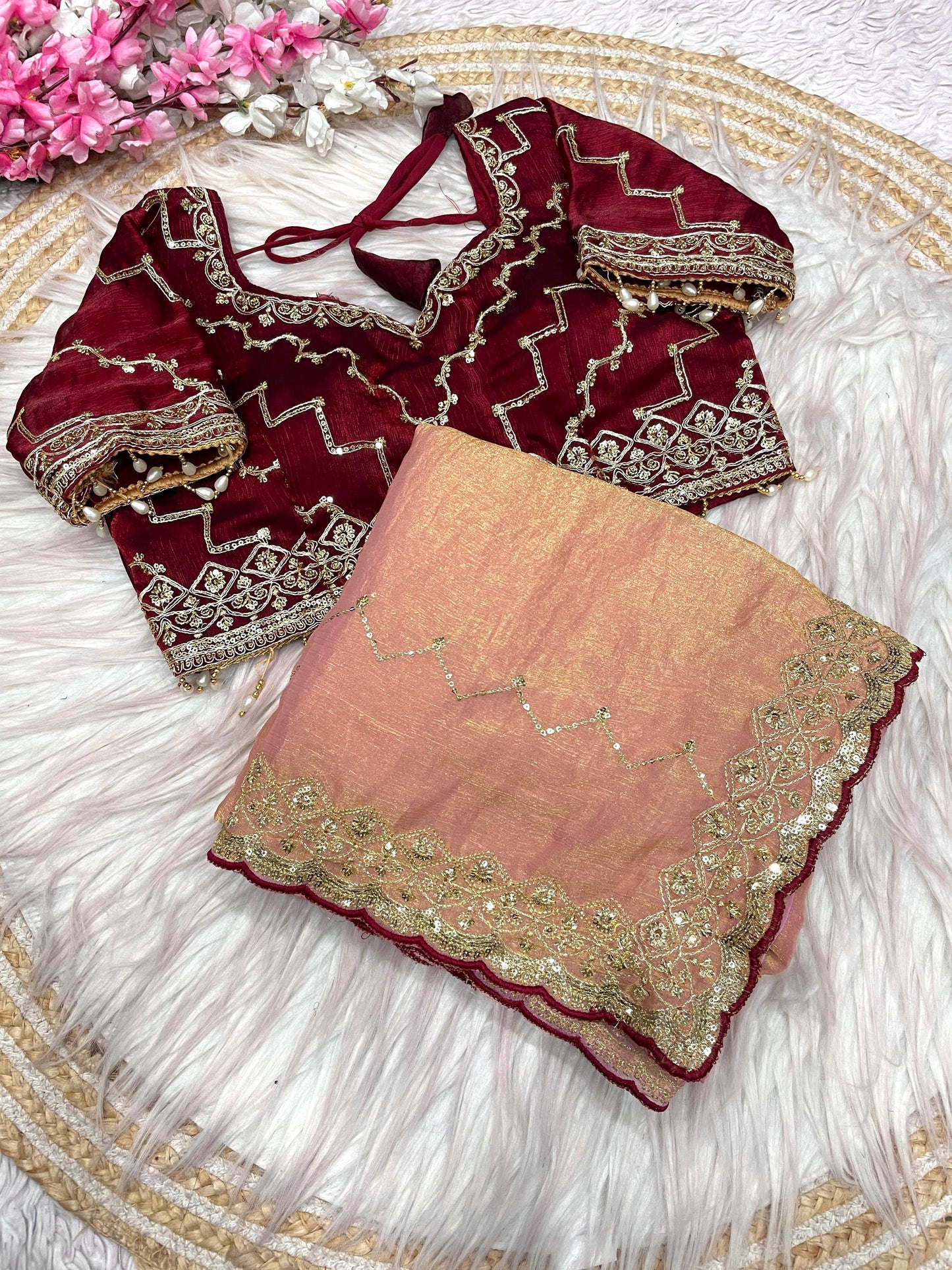 Kayatri New  Fendy Chiffon two ton  fully stitched Coding  sequence embroidery blouse with Moti lace touch saree