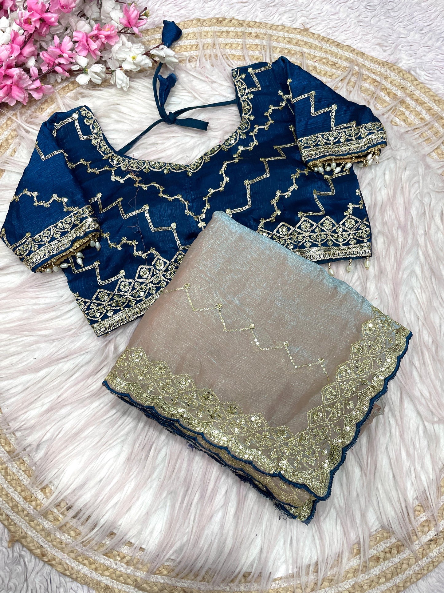 Kayatri New  Fendy Chiffon two ton  fully stitched Coding  sequence embroidery blouse with Moti lace touch saree