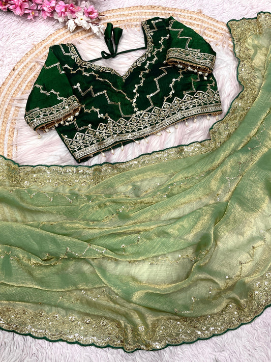 Kayatri New  Fendy Chiffon two ton  fully stitched Coding  sequence embroidery blouse with Moti lace touch saree