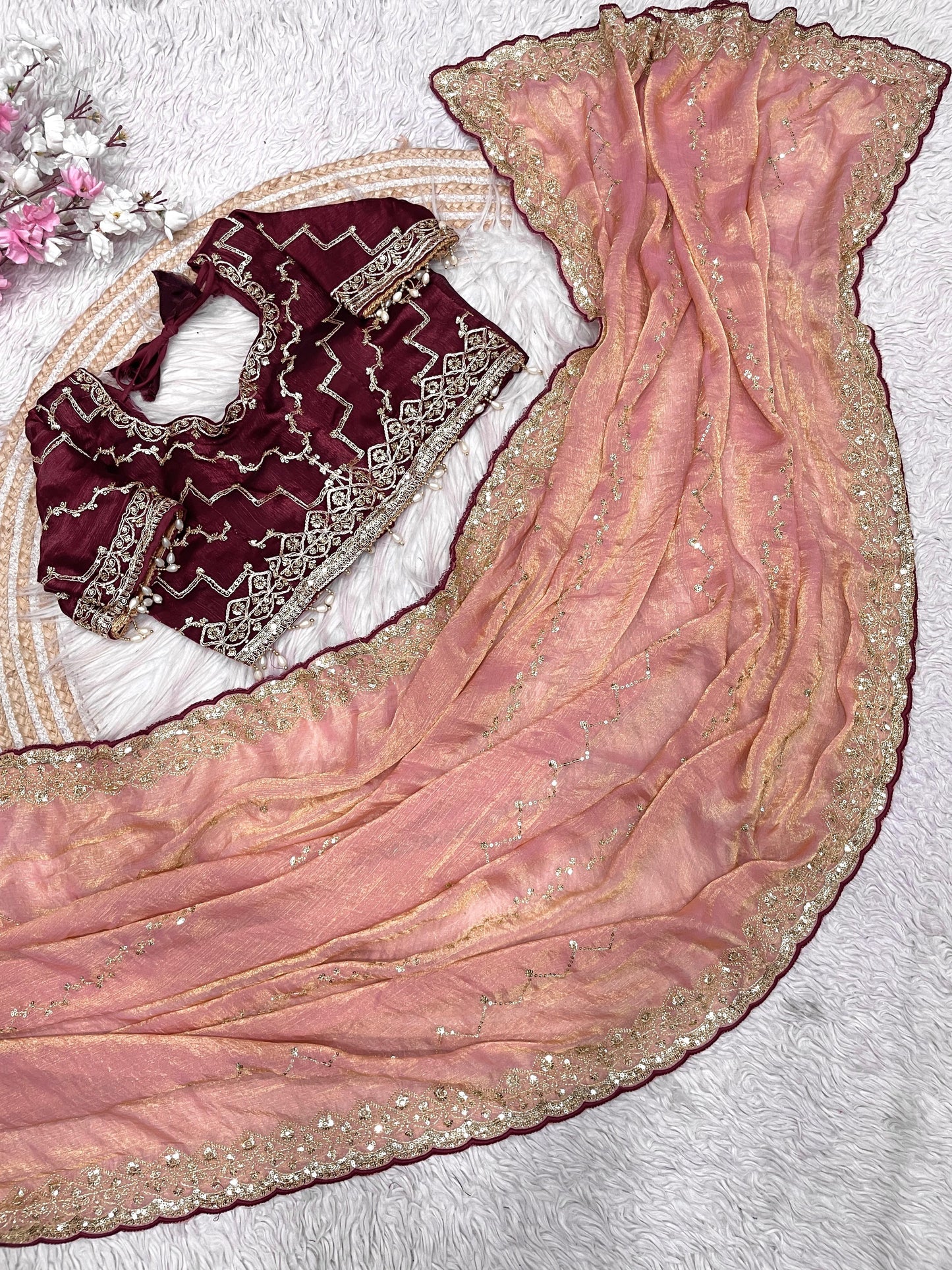 Kayatri New  Fendy Chiffon two ton  fully stitched Coding  sequence embroidery blouse with Moti lace touch saree