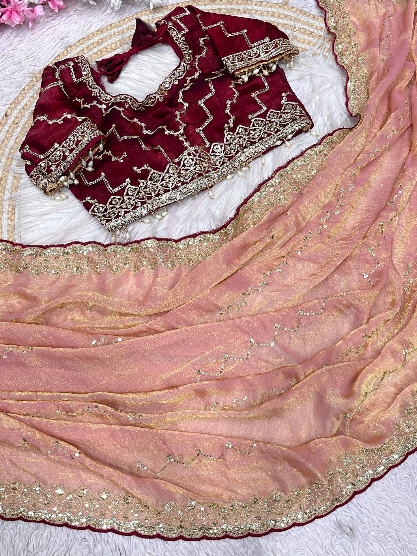 Kayatri New  Fendy Chiffon two ton  fully stitched Coding  sequence embroidery blouse with Moti lace touch saree