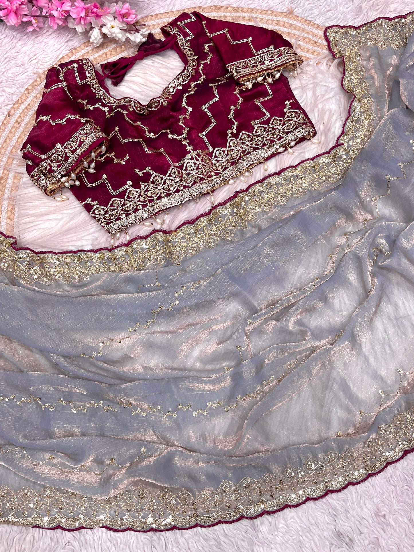 Kayatri New  Fendy Chiffon two ton  fully stitched Coding  sequence embroidery blouse with Moti lace touch saree