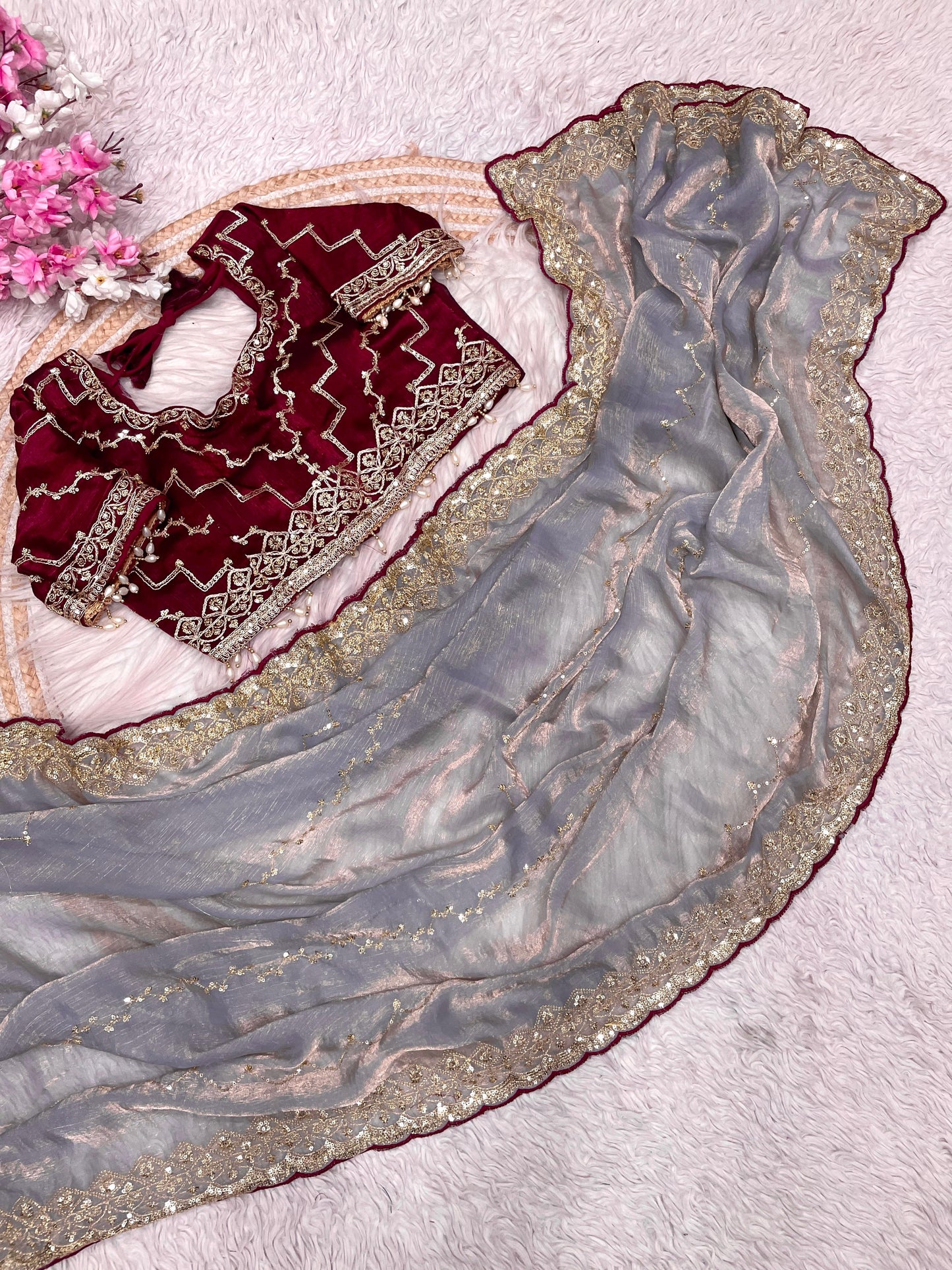 Kayatri New  Fendy Chiffon two ton  fully stitched Coding  sequence embroidery blouse with Moti lace touch saree
