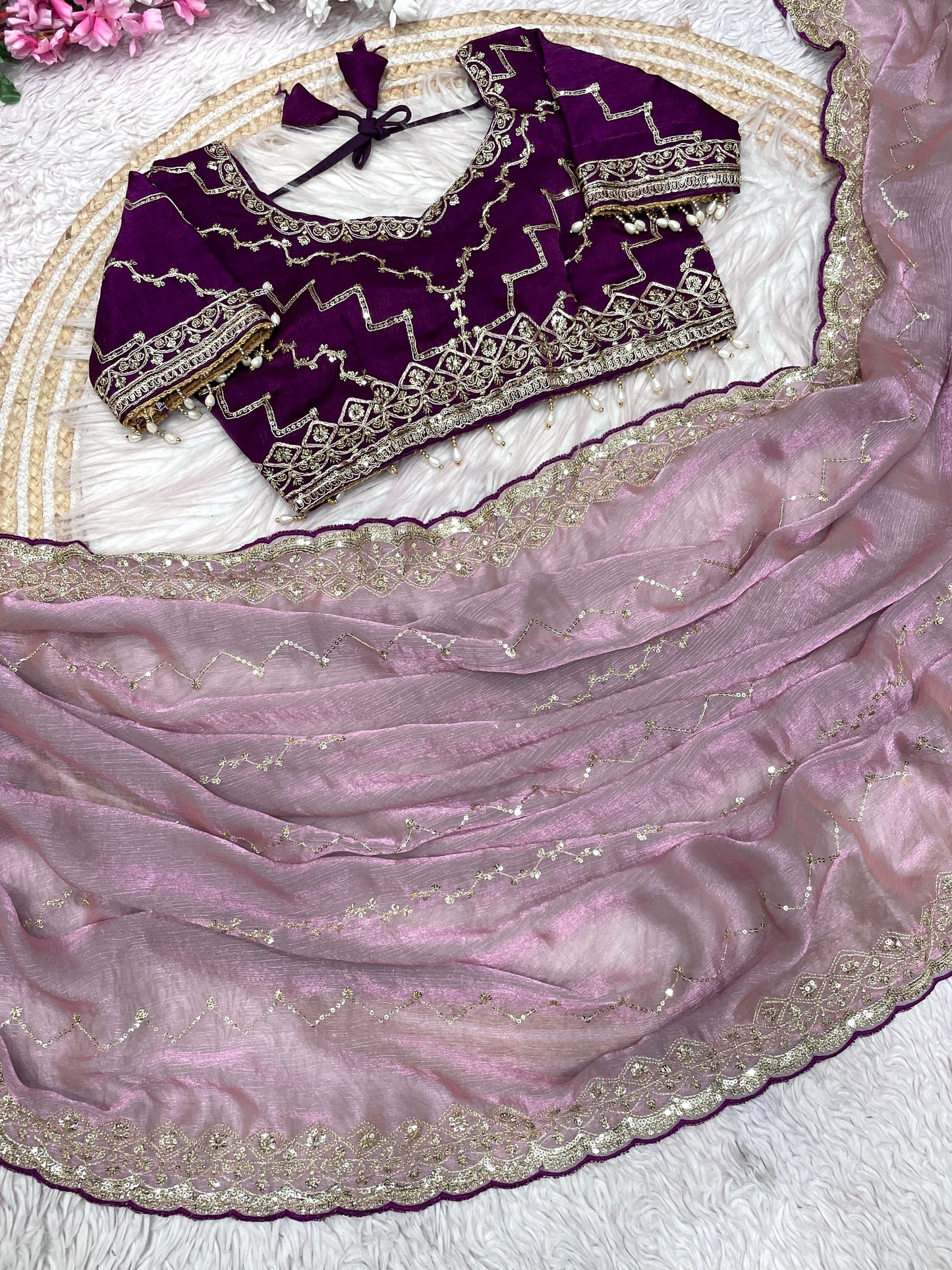 Kayatri New  Fendy Chiffon two ton  fully stitched Coding  sequence embroidery blouse with Moti lace touch saree