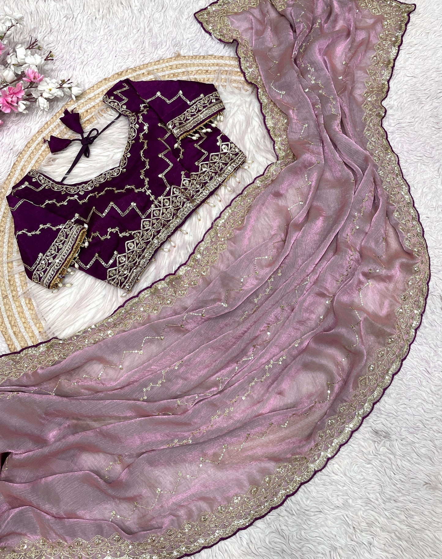 Kayatri New  Fendy Chiffon two ton  fully stitched Coding  sequence embroidery blouse with Moti lace touch saree
