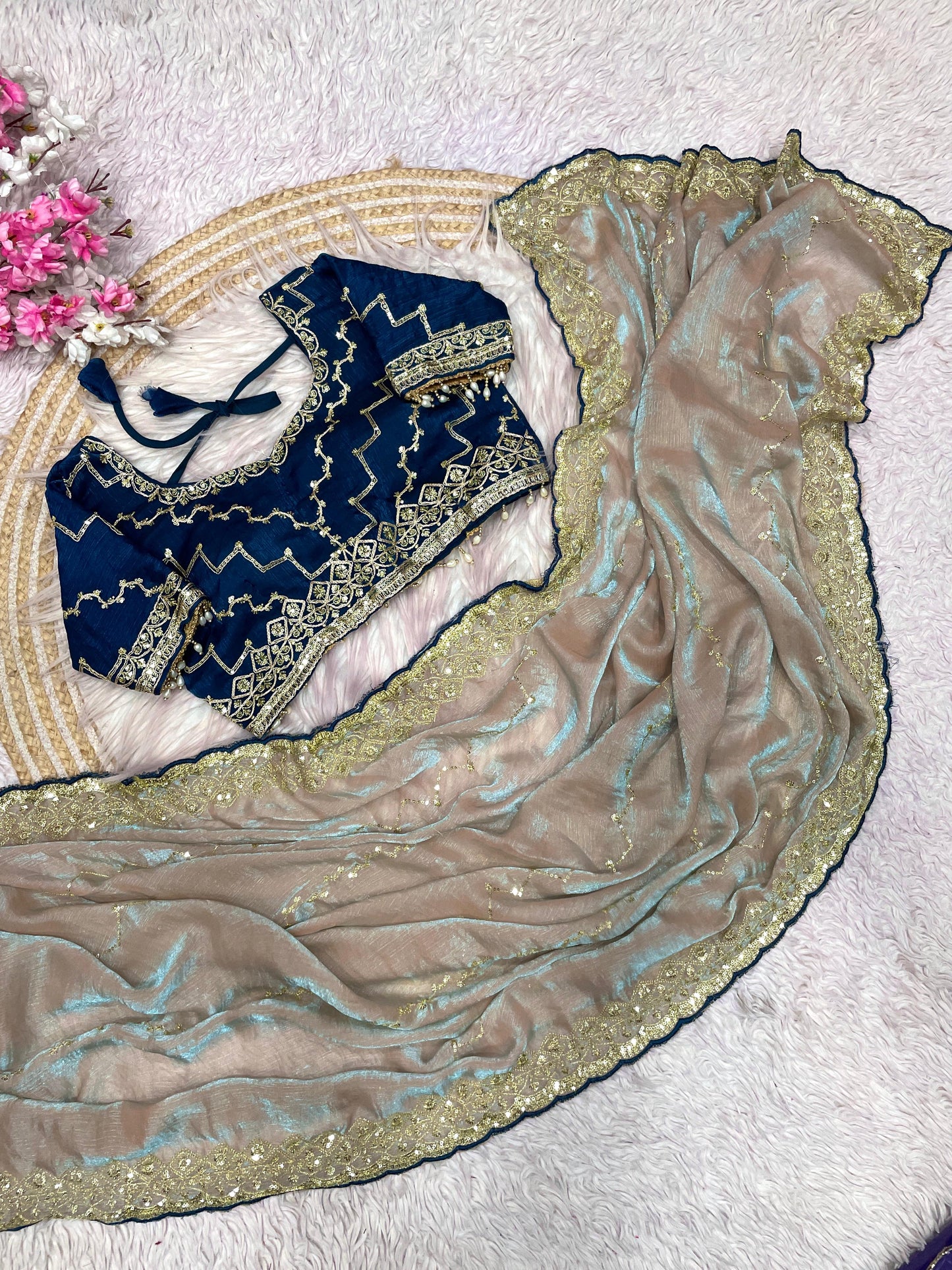 Kayatri New  Fendy Chiffon two ton  fully stitched Coding  sequence embroidery blouse with Moti lace touch saree