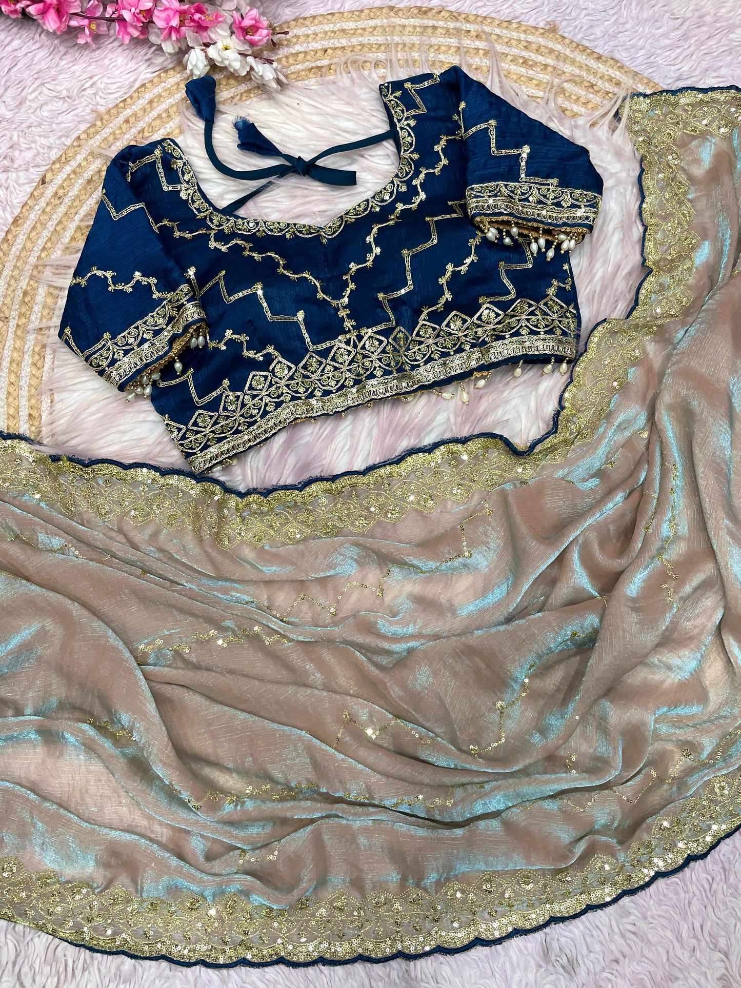 Kayatri New  Fendy Chiffon two ton  fully stitched Coding  sequence embroidery blouse with Moti lace touch saree
