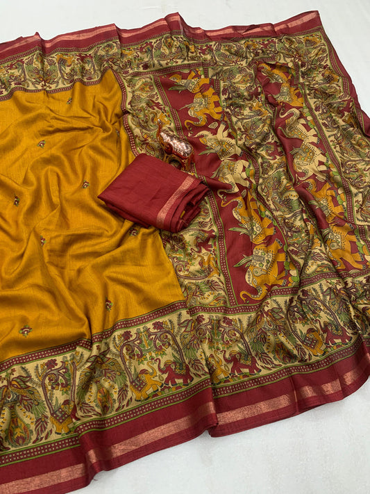 Kayatri New Pure soft Tusser Kashmiri printed saree with Rich Pallu & Fancy Golden Border Saree
