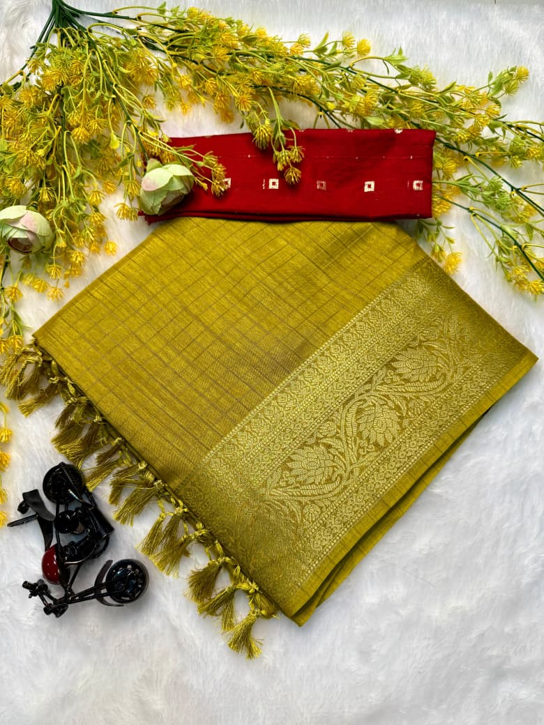 Kayatri New  super dola chex  and recco jari saree with tussle on pallu Saree