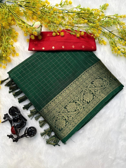 Kayatri New  super dola chex  and recco jari saree with tussle on pallu Saree