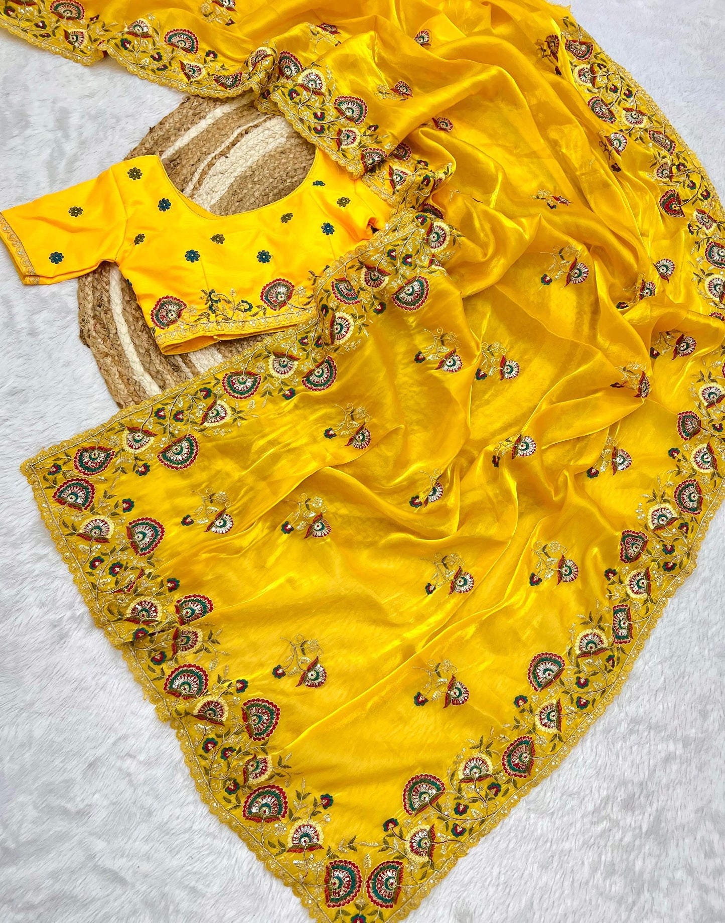 Kayatri New Shinning pure crystal silk Jimmy choo sarees  with seqnce & zari n Flower malti embroidered all over saree
