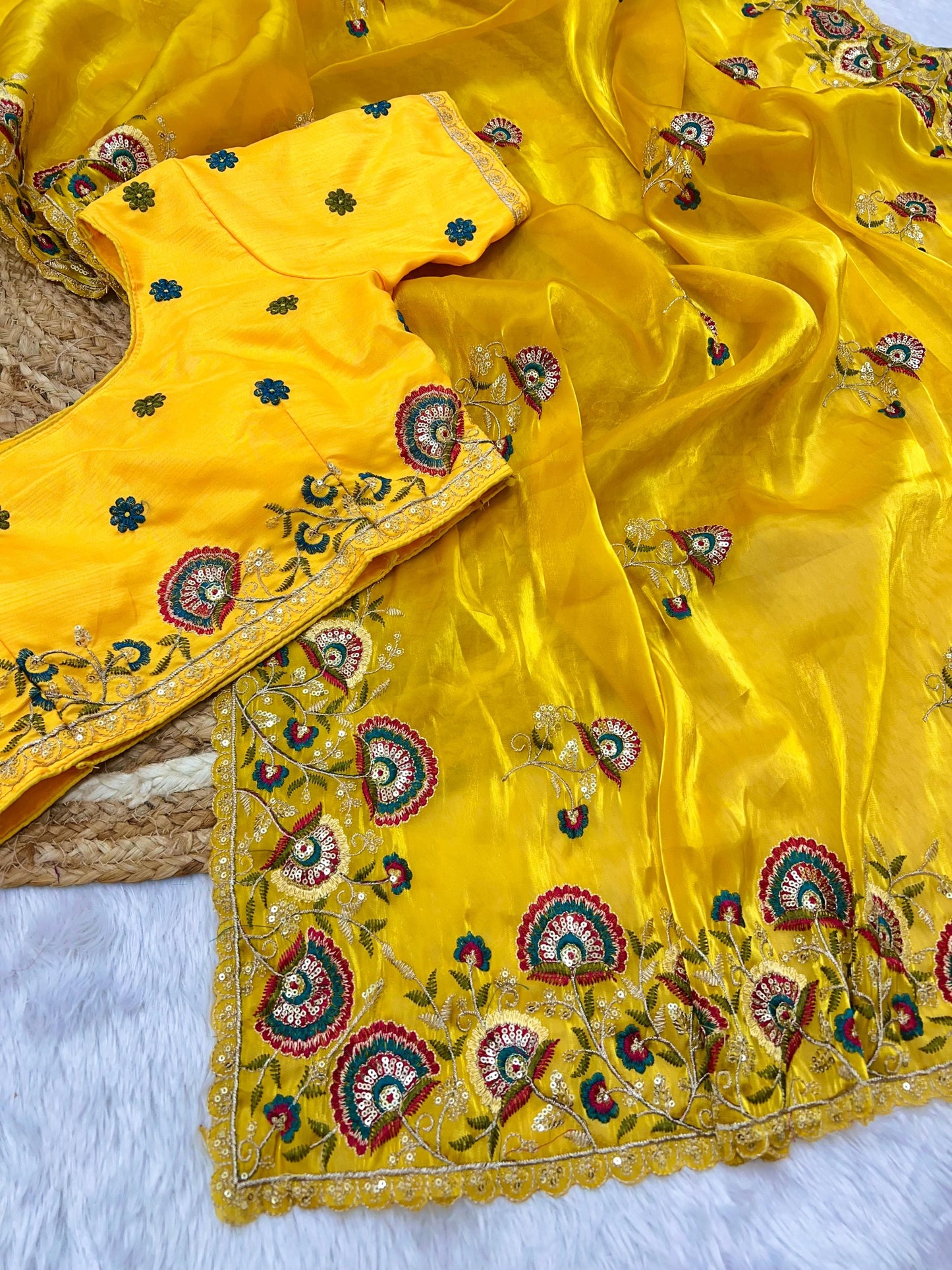 Kayatri New Shinning pure crystal silk Jimmy choo sarees  with seqnce & zari n Flower malti embroidered all over saree