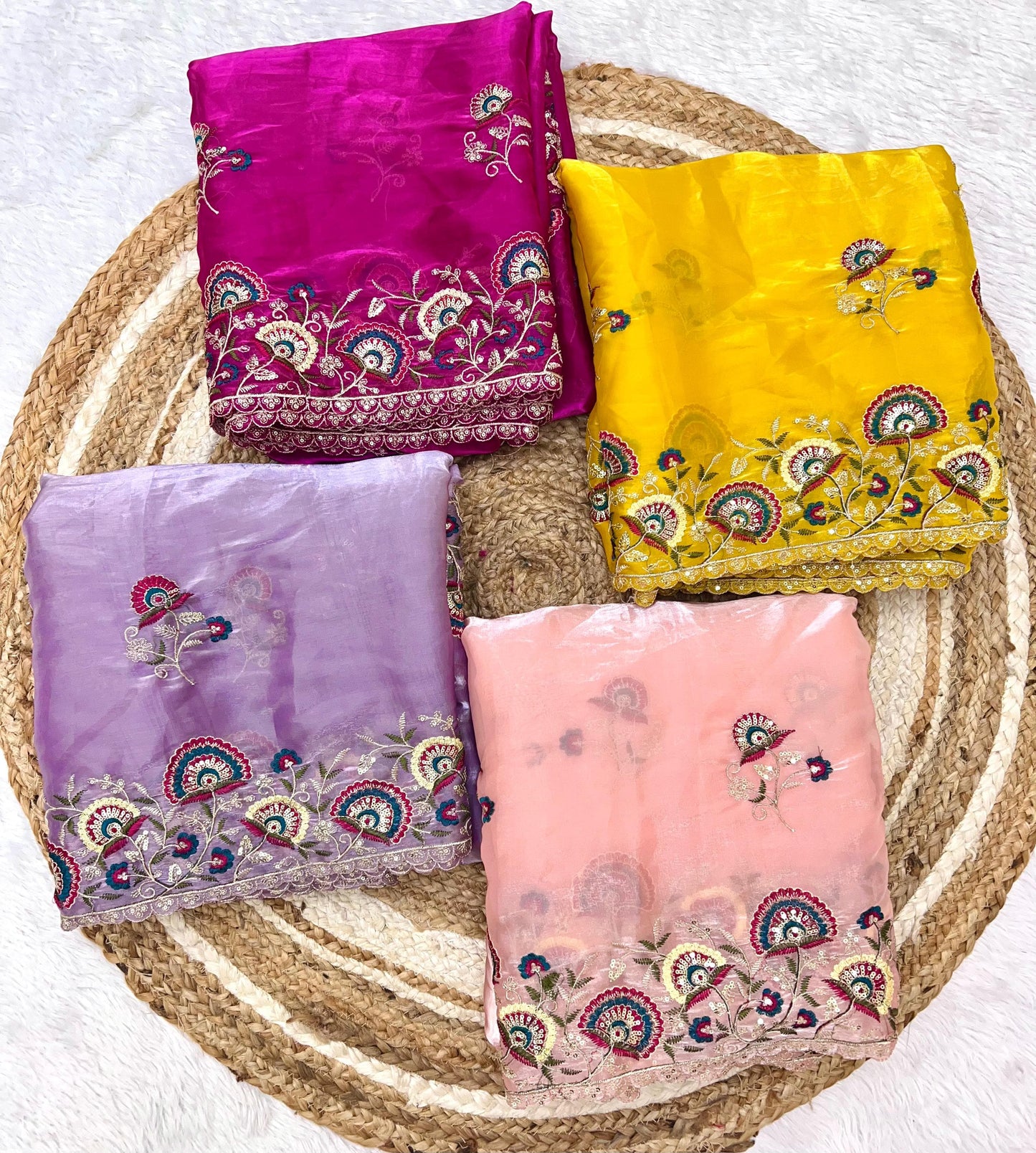 Kayatri New Shinning pure crystal silk Jimmy choo sarees  with seqnce & zari n Flower malti embroidered all over saree
