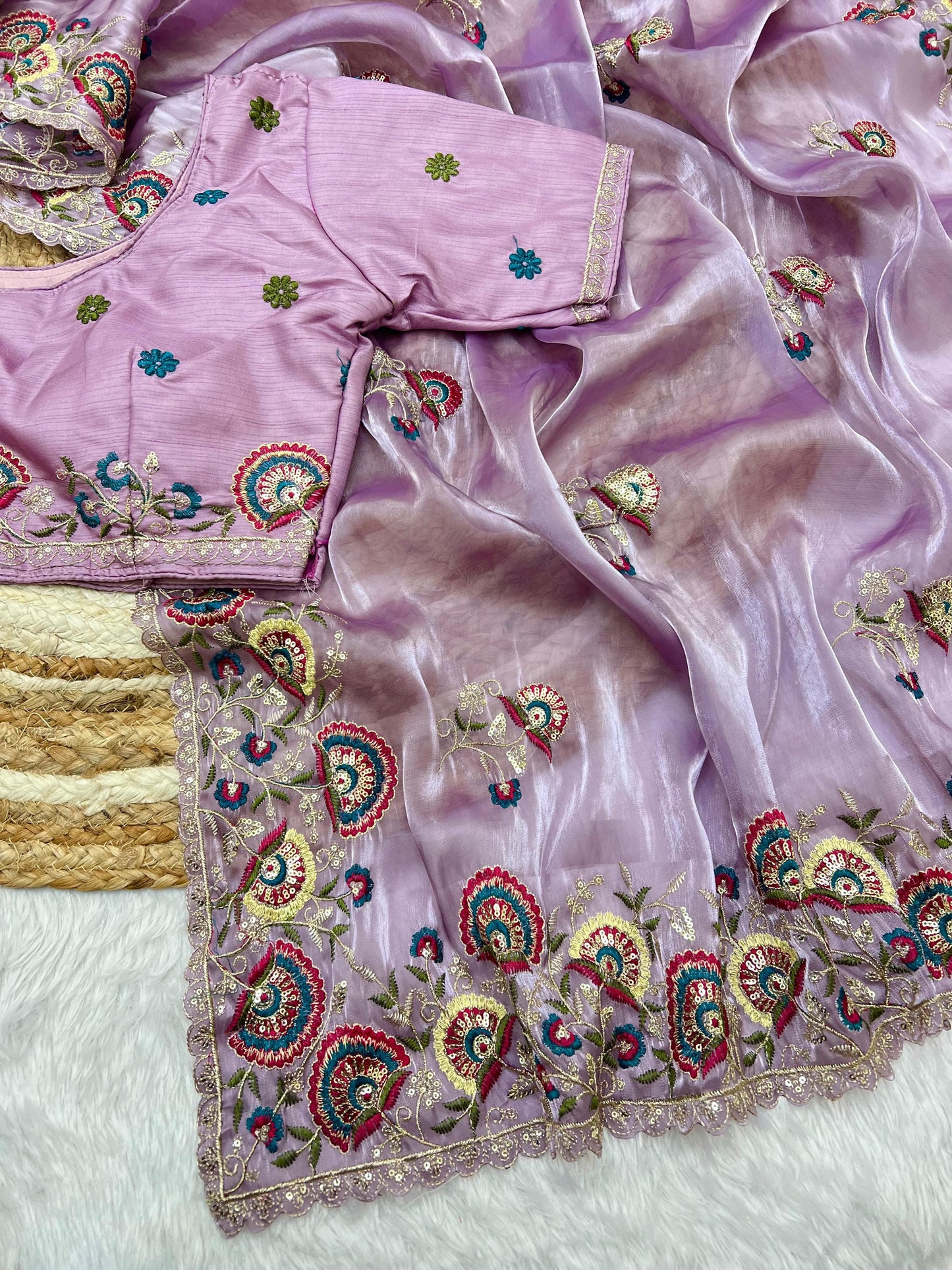 Kayatri New Shinning pure crystal silk Jimmy choo sarees  with seqnce & zari n Flower malti embroidered all over saree