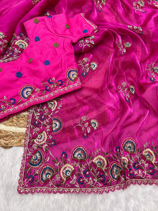 Kayatri New Shinning pure crystal silk Jimmy choo sarees  with seqnce & zari n Flower malti embroidered all over saree