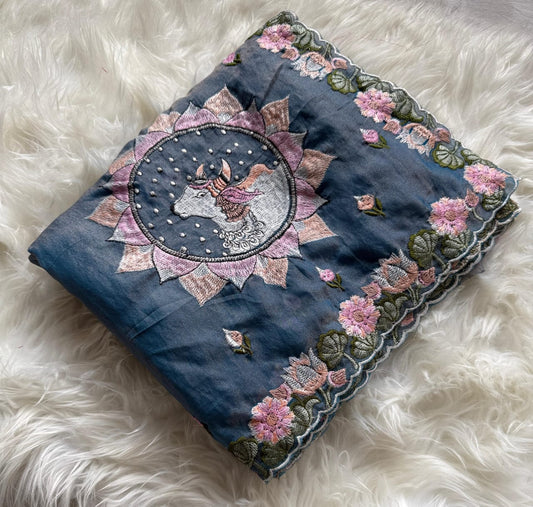 Kayatri New Pure  Moss  fabric Saree with premium floral embroidery all over the Saree