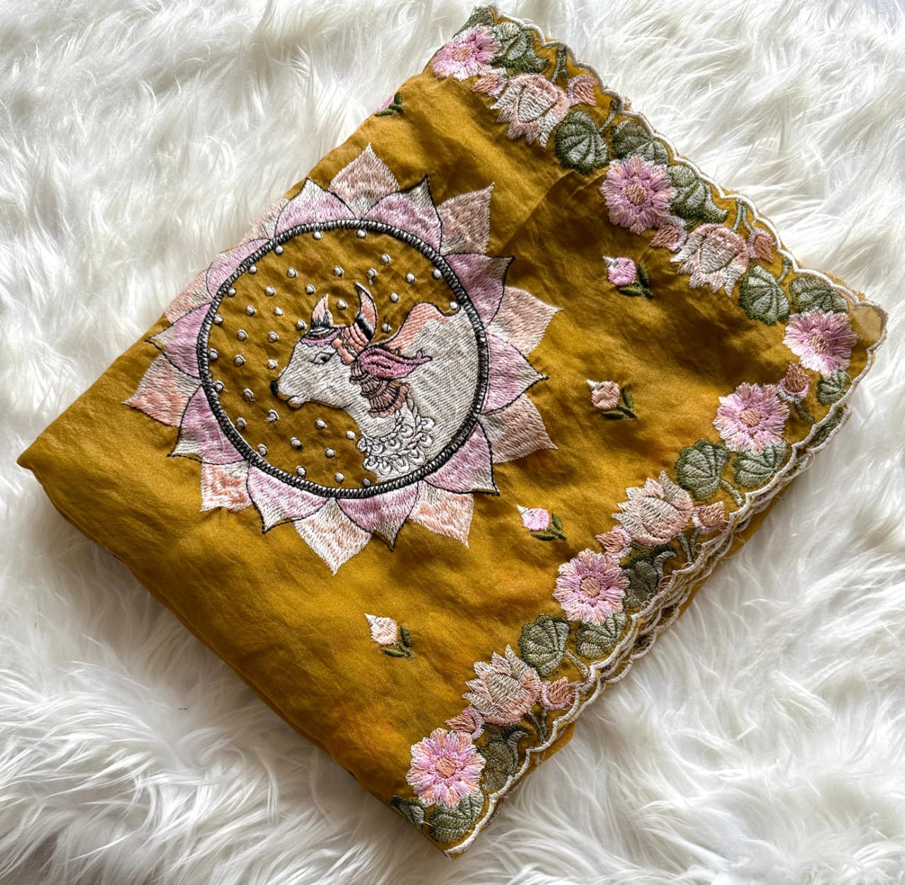 Kayatri New Pure  Moss  fabric Saree with premium floral embroidery all over the Saree