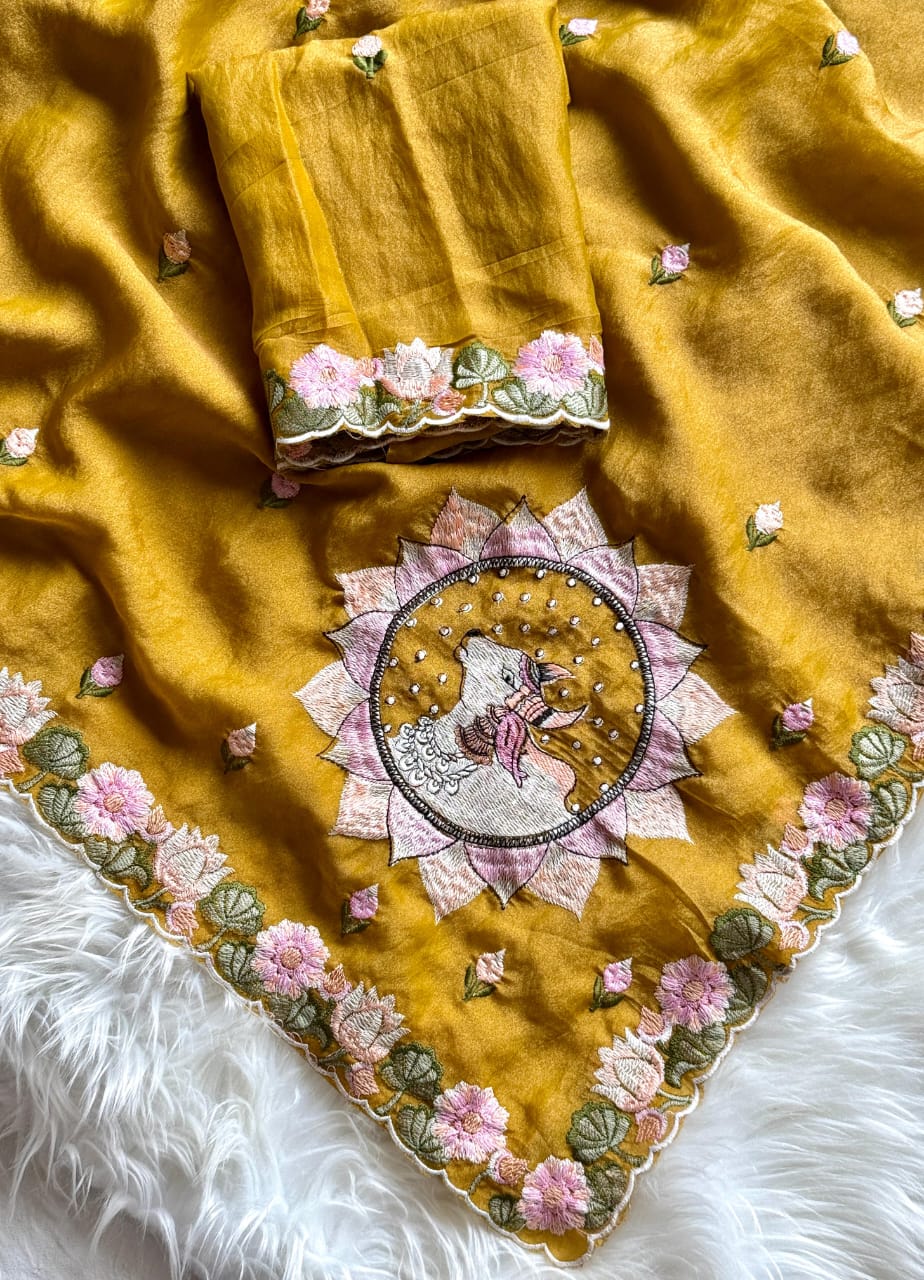 Kayatri New Pure  Moss  fabric Saree with premium floral embroidery all over the Saree