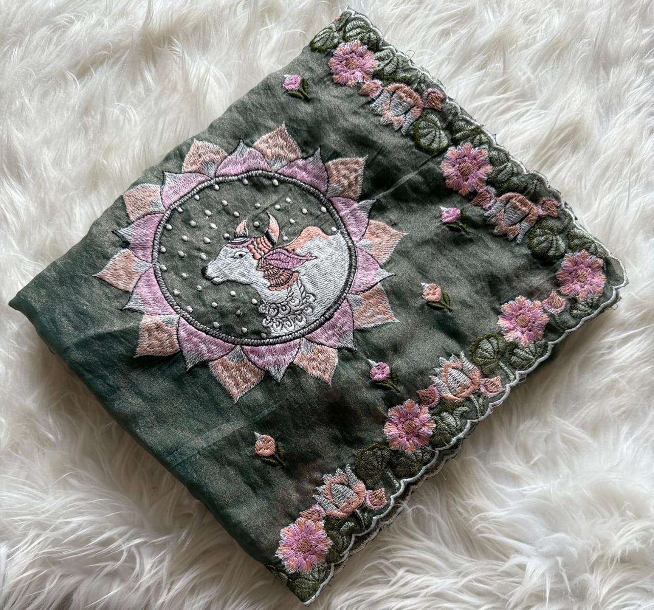Kayatri New Pure  Moss  fabric Saree with premium floral embroidery all over the Saree