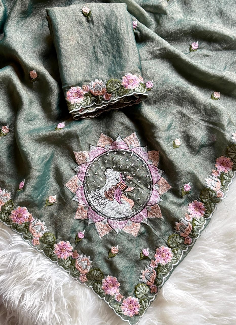 Kayatri New Pure  Moss  fabric Saree with premium floral embroidery all over the Saree