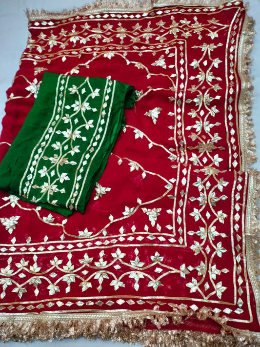 Kayatri New pure double diamond chiffon fabric rajputi sarees work khacha gota jall allover saree