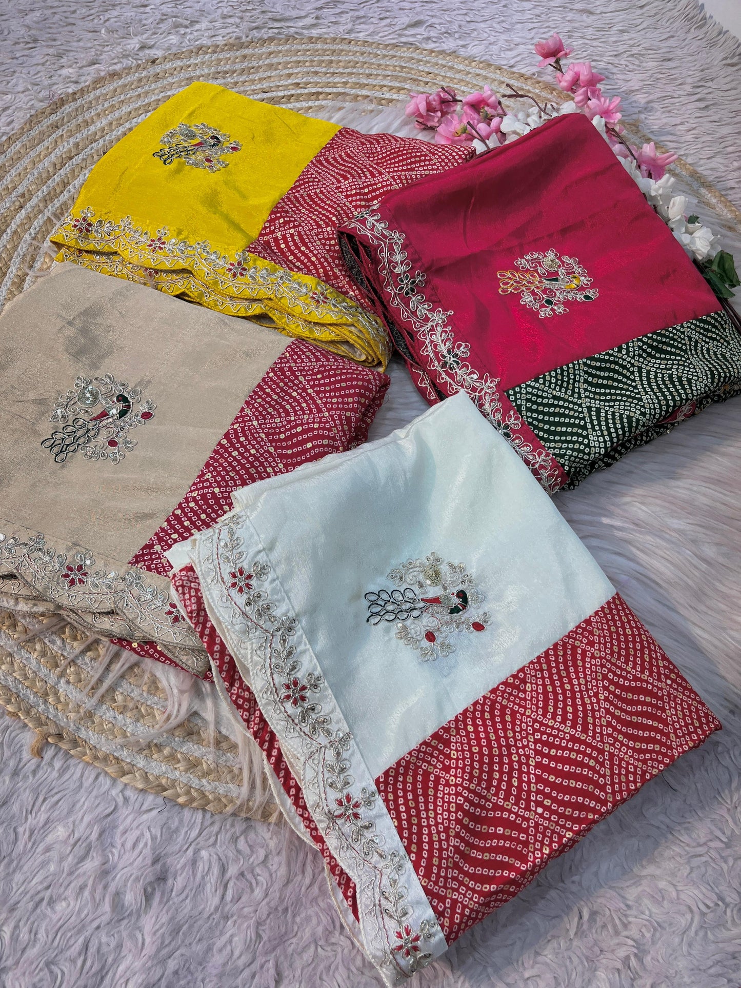 Kayatri New half pallu nd chinon with beautiful heavy coding multi with sequence work butta in whole saree