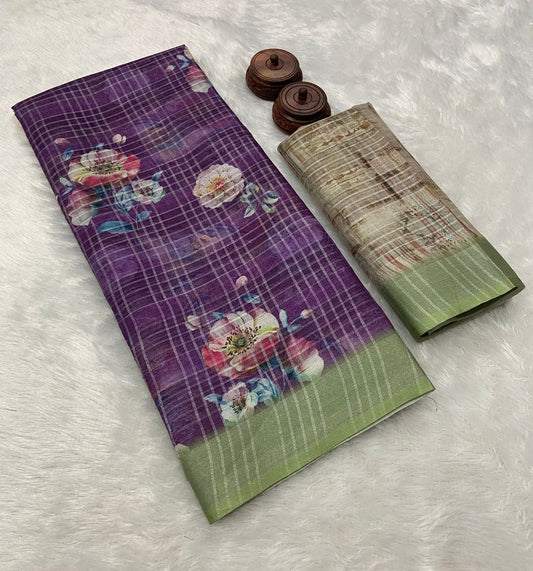 Kayatri New zari weaving border and all over zari checks weaving pattern and beautiful digital floral print