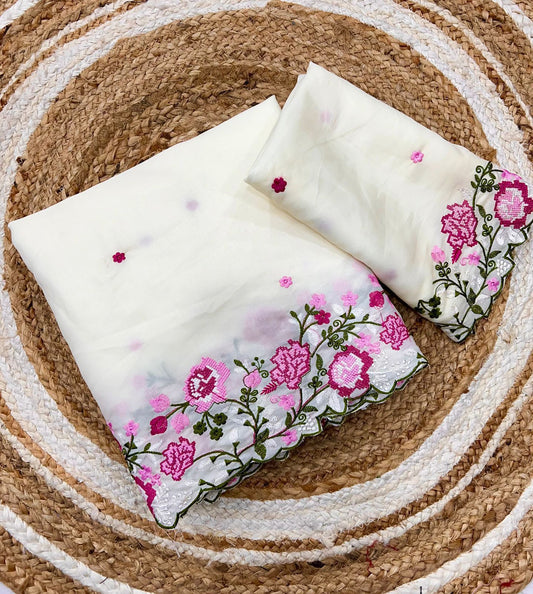 Kayatri New Korean Tusser Silk Fabric Dark Color Matching With Multi Color Embroidery Cutwork Bordar