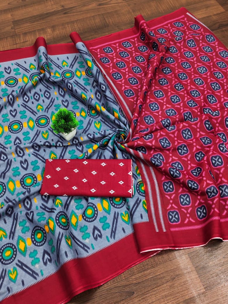 Kayatri New  PURE MULMUL COTTON IKKAT HAND PRINT SAREES
