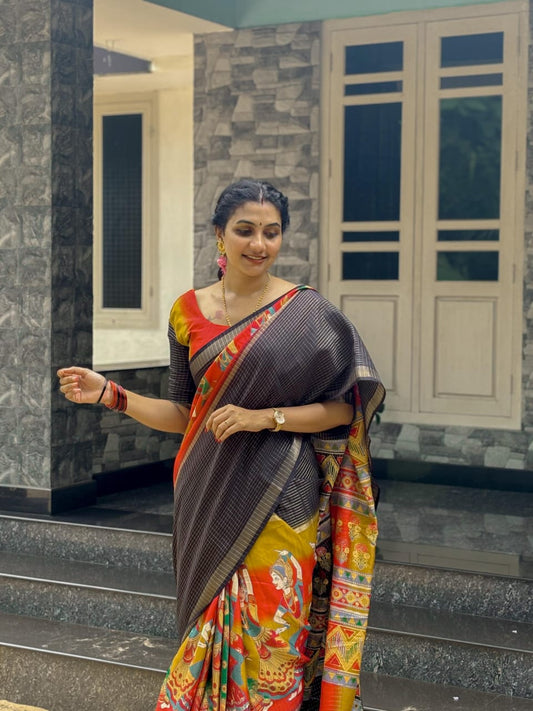 Kawyatri New Beautiful soft Benny chex silk  sarees with all Kalmkari design along with zari border saree