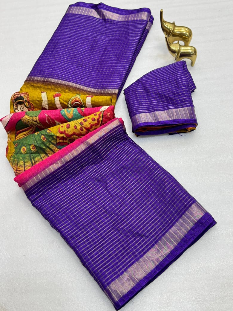 Kawyatri New Beautiful soft Benny chex silk  sarees with all Kalmkari design along with zari border saree