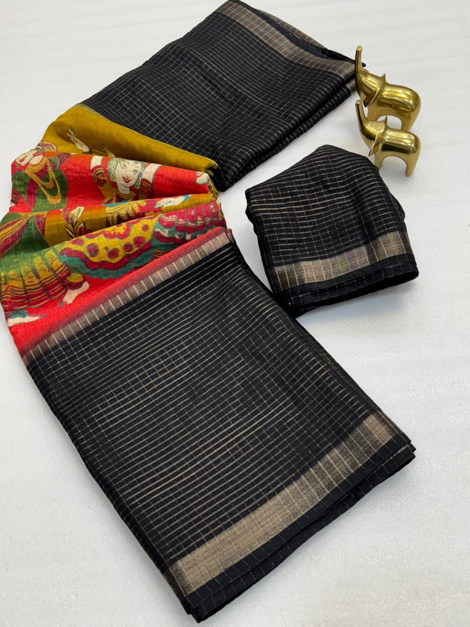 Kawyatri New Beautiful soft Benny chex silk  sarees with all Kalmkari design along with zari border saree