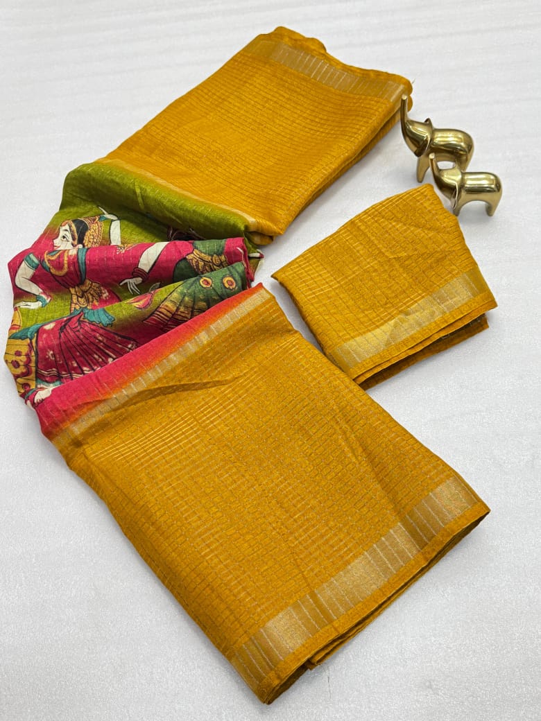 Kawyatri New Beautiful soft Benny chex silk  sarees with all Kalmkari design along with zari border saree