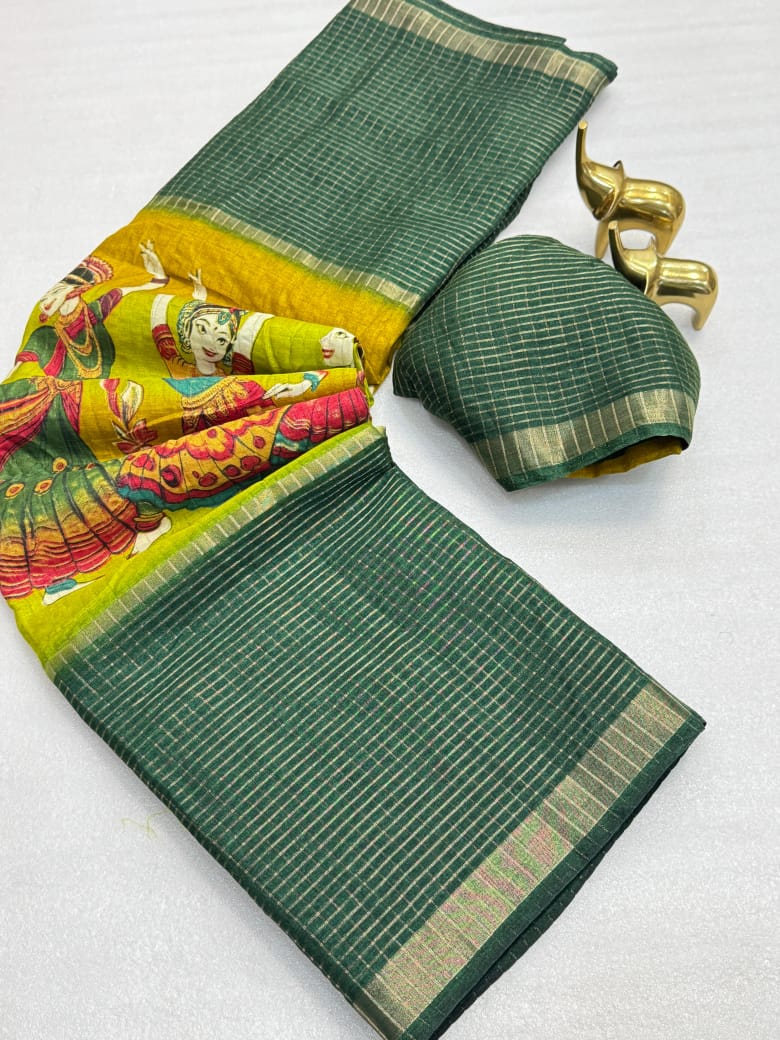 Kawyatri New Beautiful soft Benny chex silk  sarees with all Kalmkari design along with zari border saree