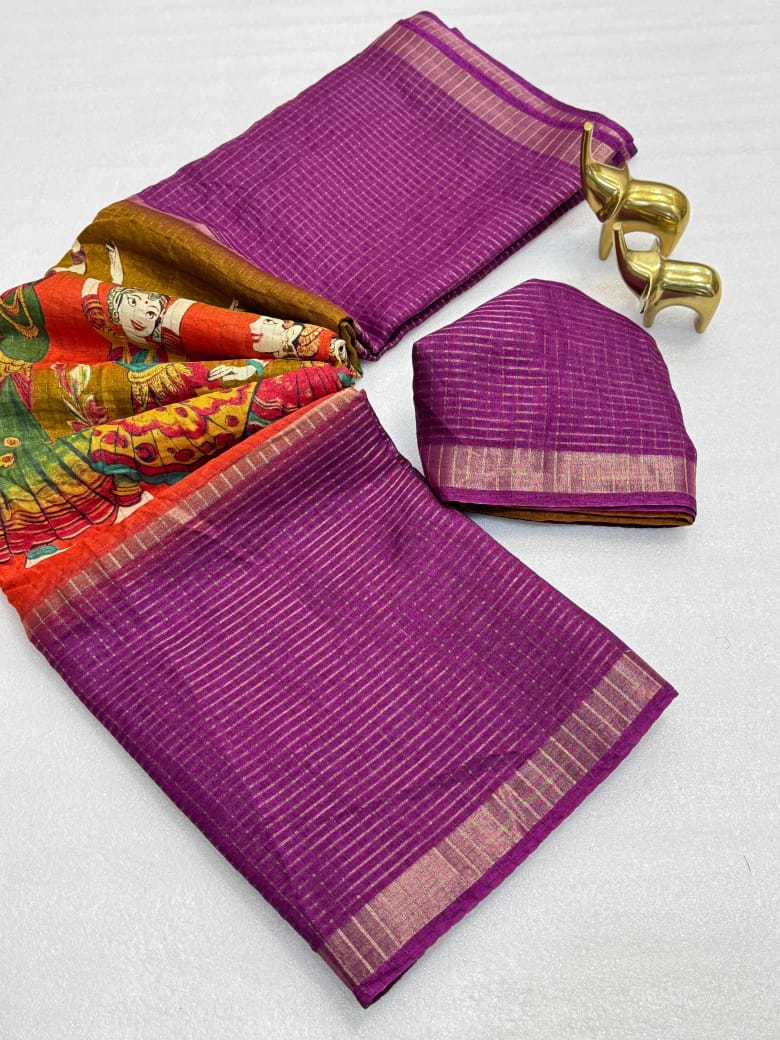 Kawyatri New Beautiful soft Benny chex silk  sarees with all Kalmkari design along with zari border saree