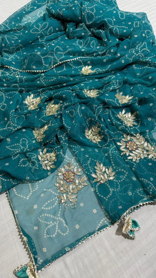 Kayatri New Beautiful georgette sarees with very beautiful bandhej print hand gota  work all over bute