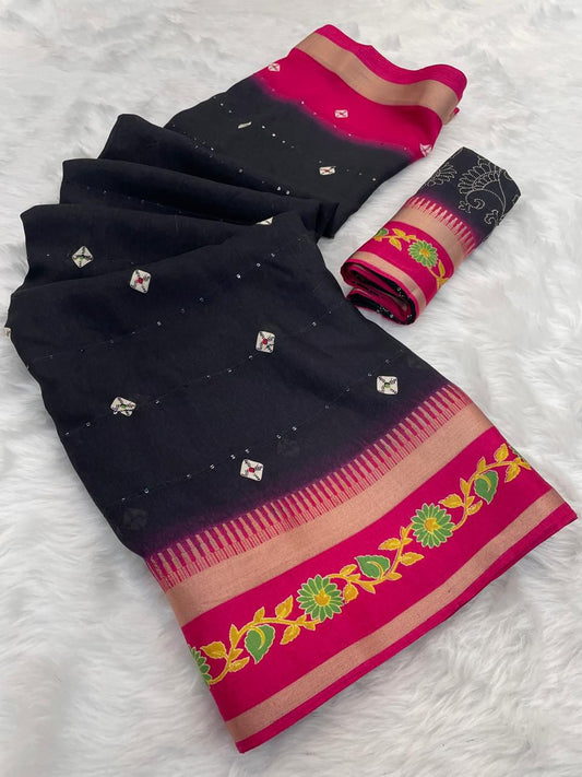 Kayatri New trending bentex zari woven and satin feel border and all over crochet work and zari weaving stripes and HD bandhe