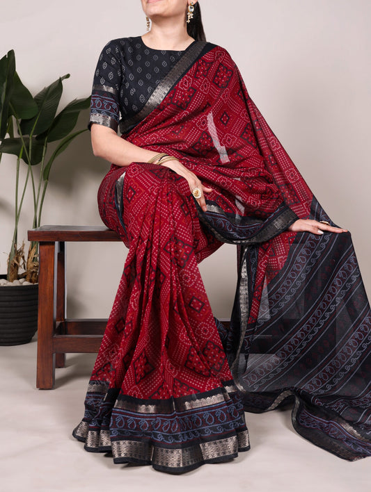 Kayatri New polyester viscose Chanderi, styled in Bandhej beauty saree